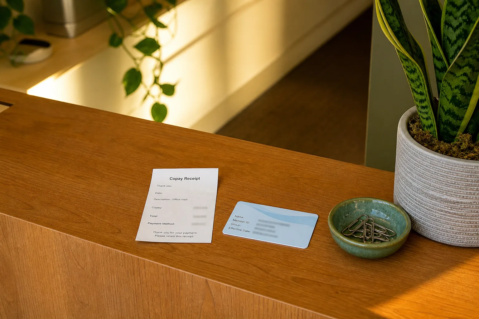 Clinic checkout desk with a copay receipt and a generic insurance card