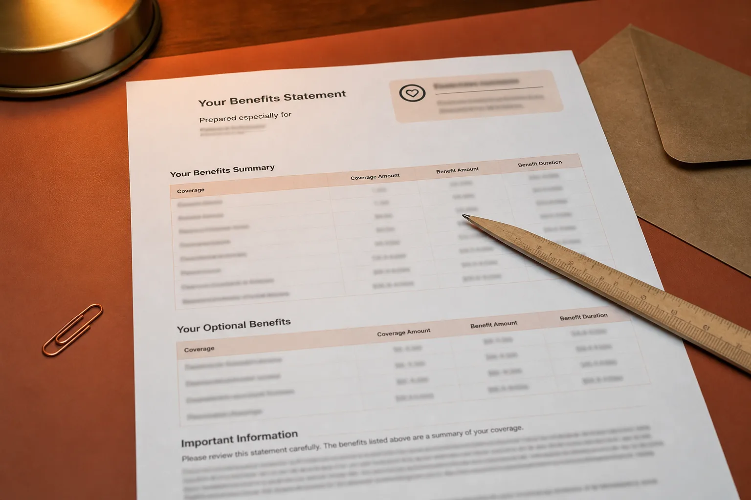 Printed benefits statement on a terracotta desk with a pencil