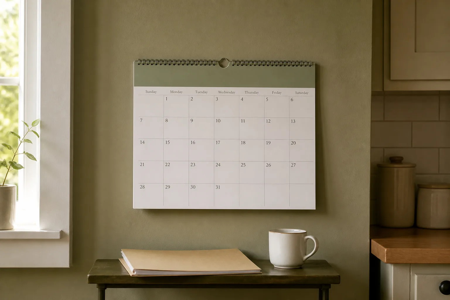 Wall calendar above a side table with a closed folder