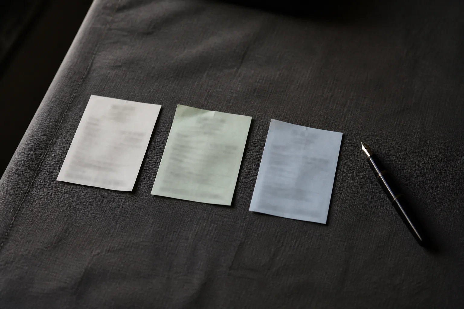 Three different-colored paper slips and a pen on a charcoal cloth