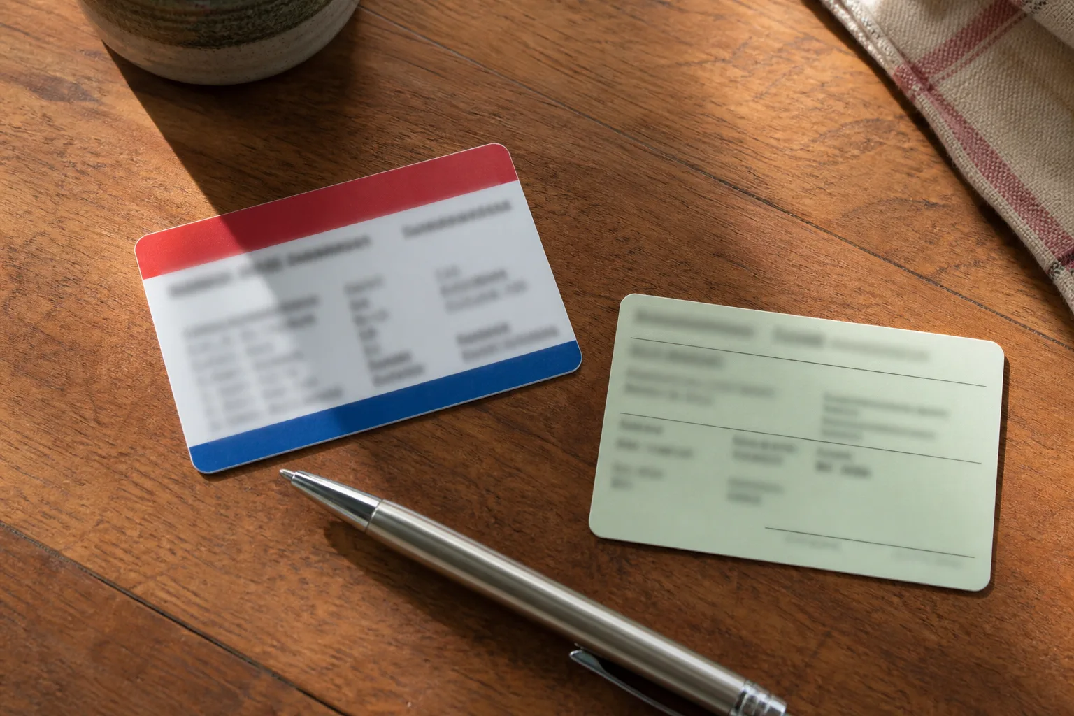 Two different generic insurance cards and a pen on a wood table