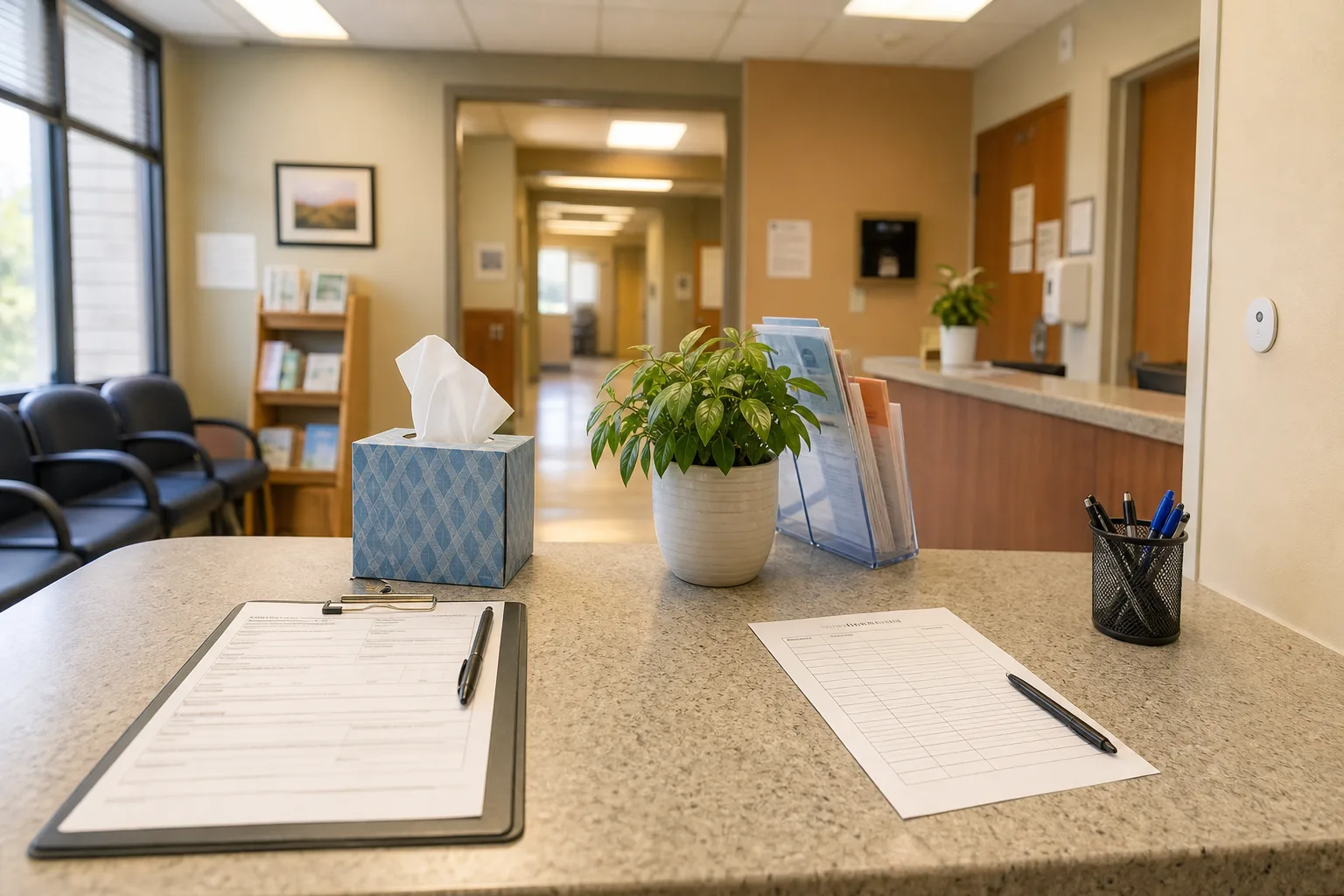 Clinic reception counter with a clipboard and a paper sign-in sheet