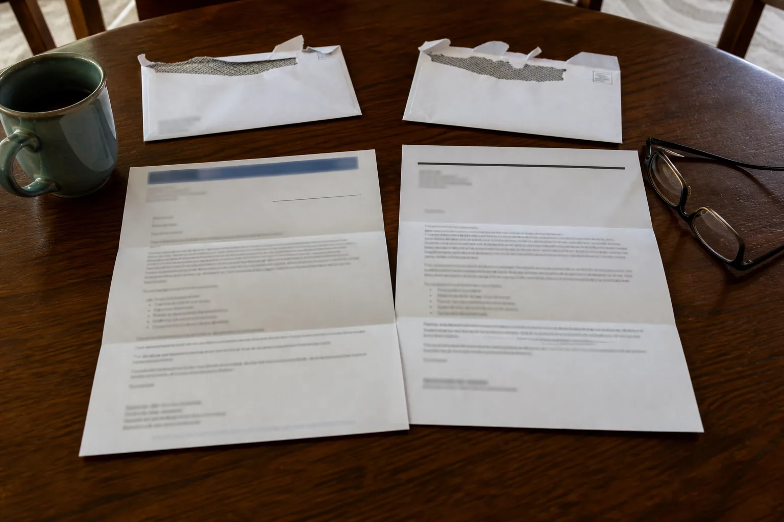 Two different opened coverage letters and torn envelopes on a dining table