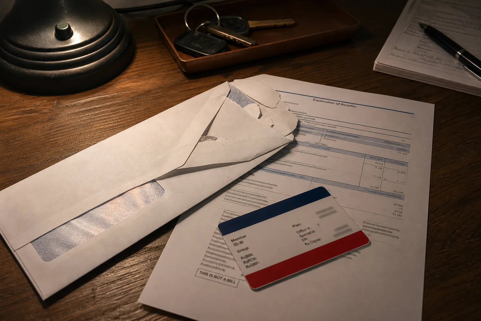 Desk with a slit envelope, a form, and a generic insurance card