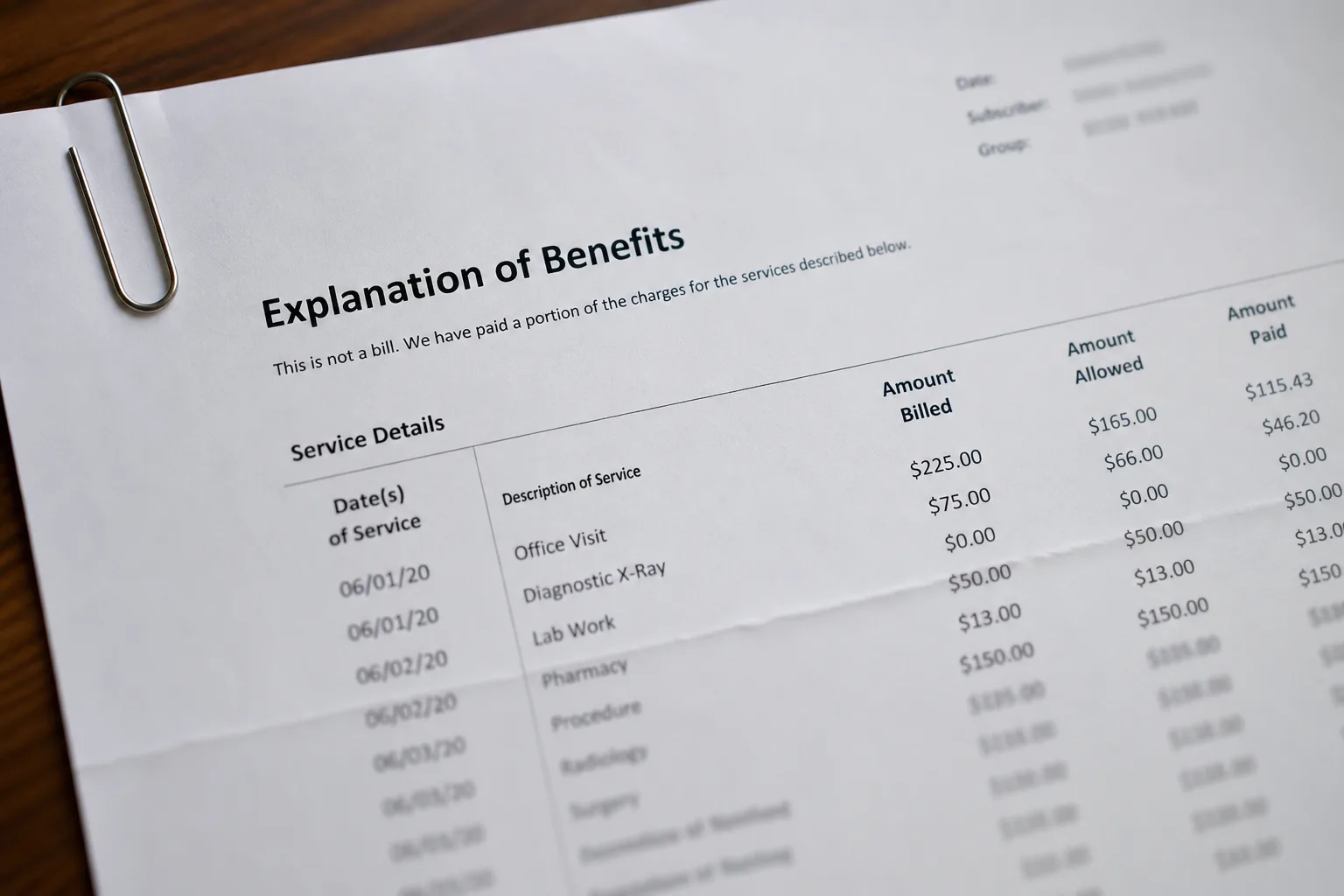 Printed benefits statement on a desk with a paperclip