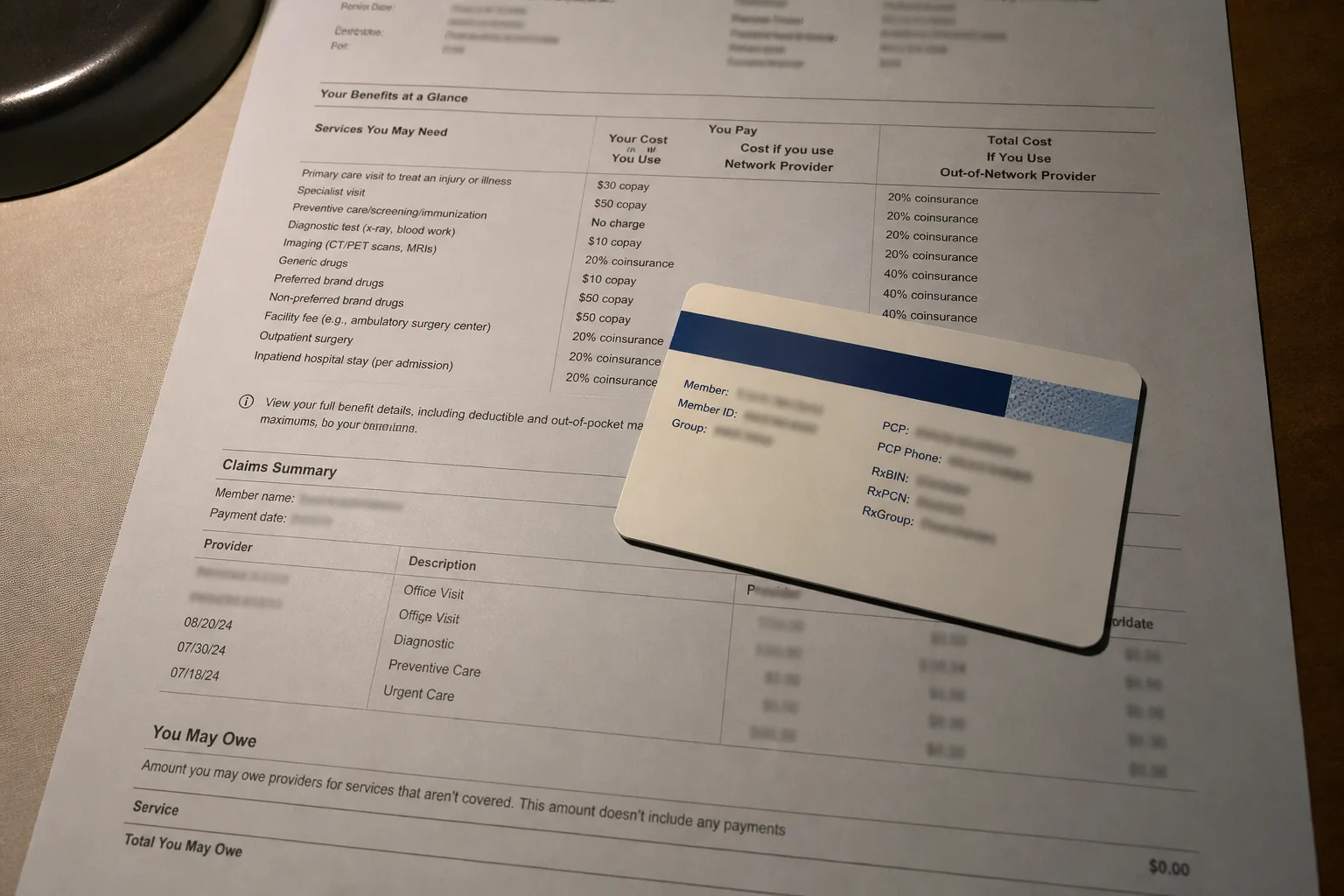 Generic insurance card lying on a printed benefits statement