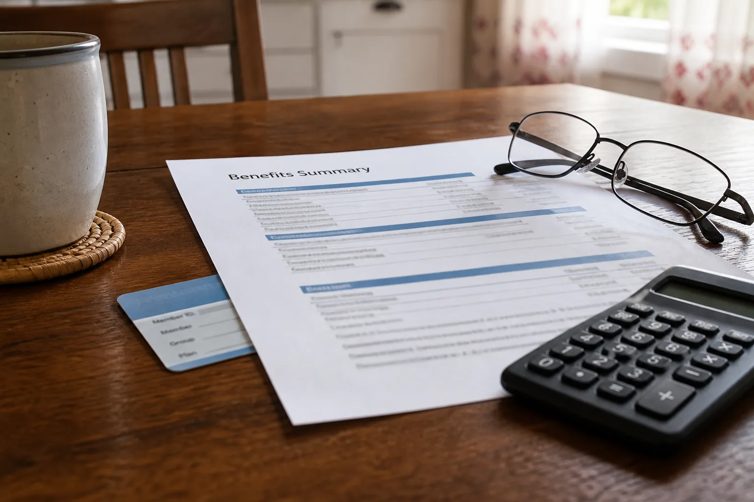 Printed benefits page, reading glasses, and a calculator on a kitchen table