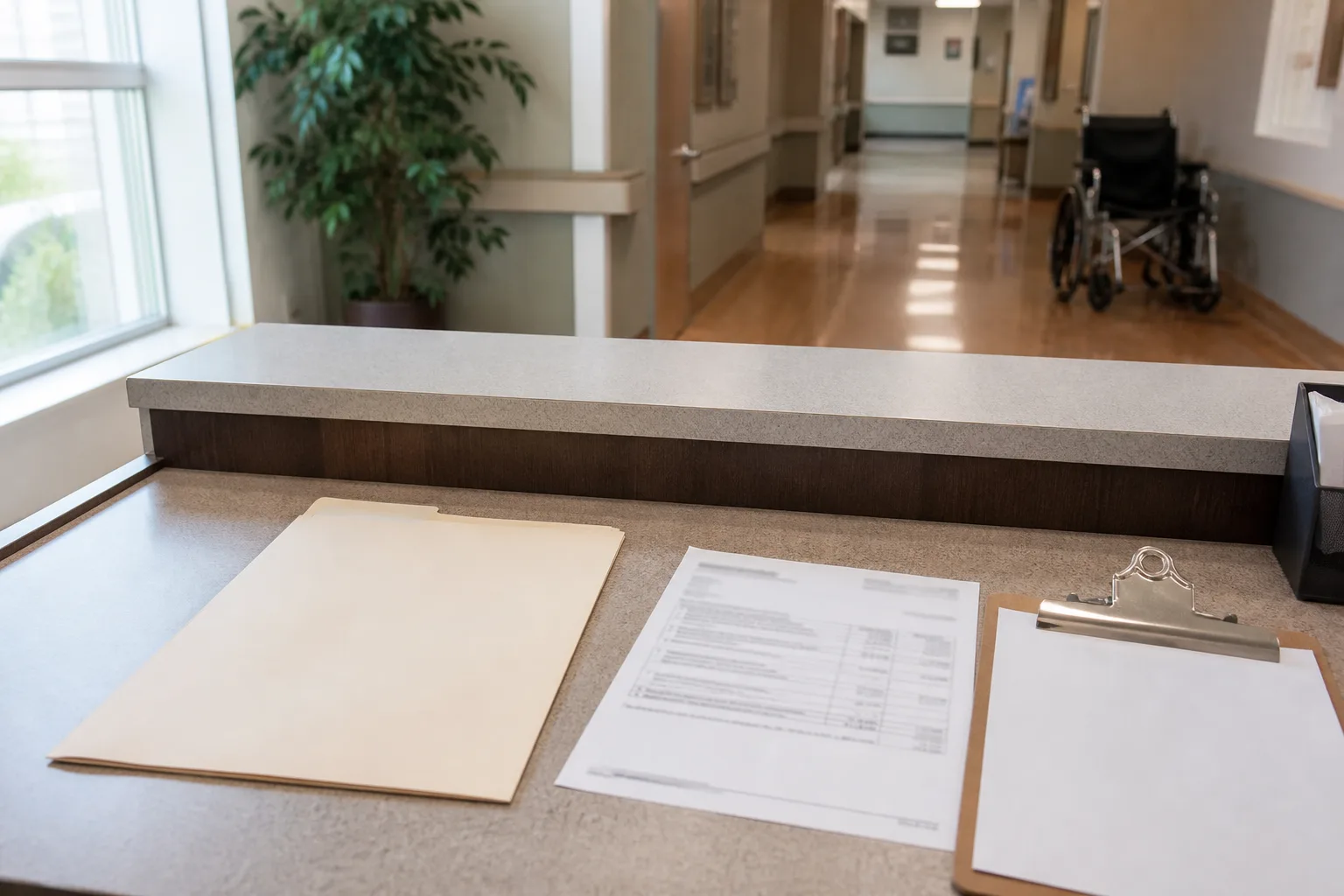 Hospital billing desk with a manila folder and a printed statement