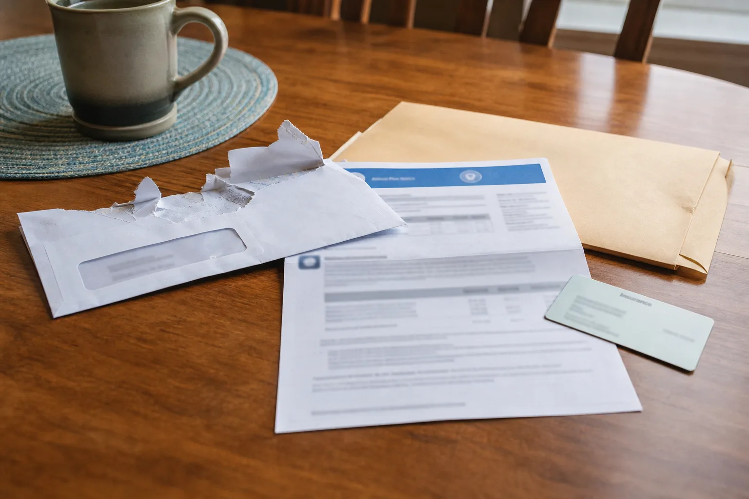 Opened window envelope and a printed annual plan notice on a wood table