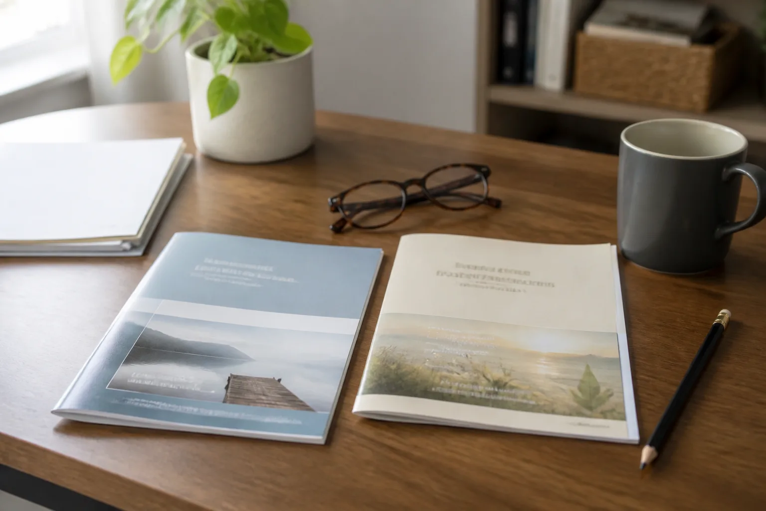Two different printed plan booklets and reading glasses on a desk