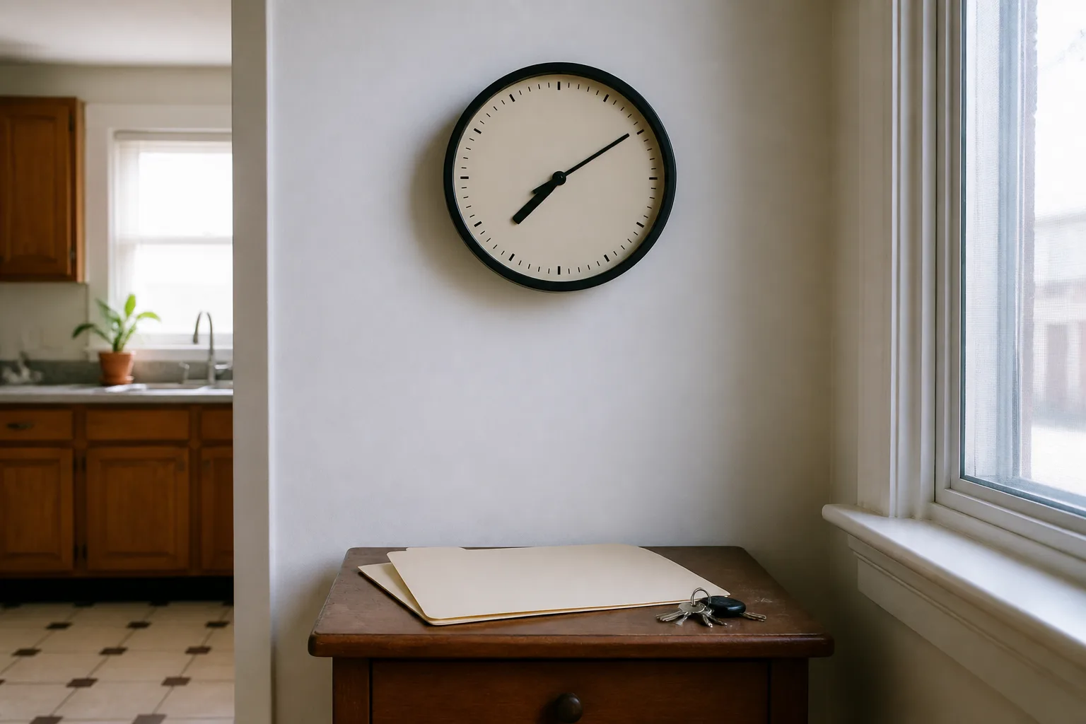 Kitchen wall clock above a side table with a closed manila folder
