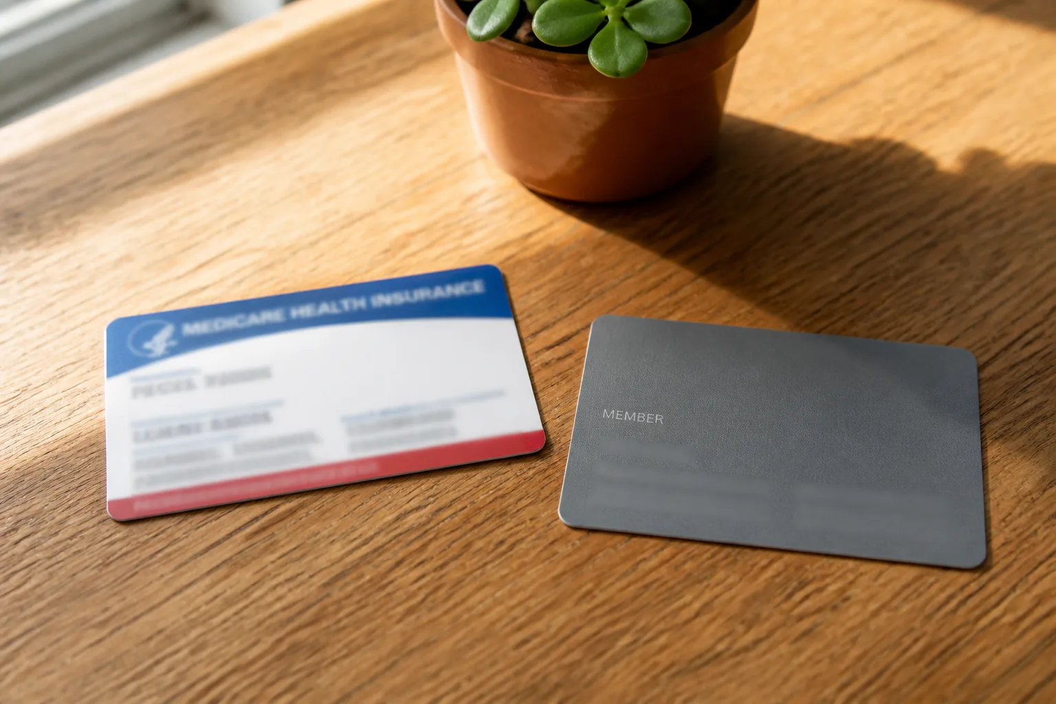Two different generic insurance cards on a sunlit oak table