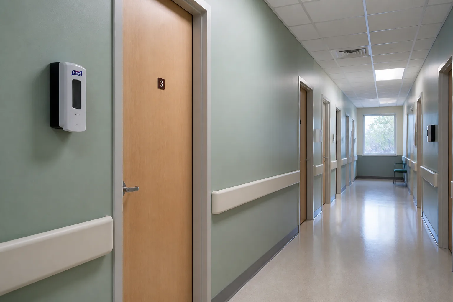 Empty clinic hallway with teal walls and a closed exam-room door