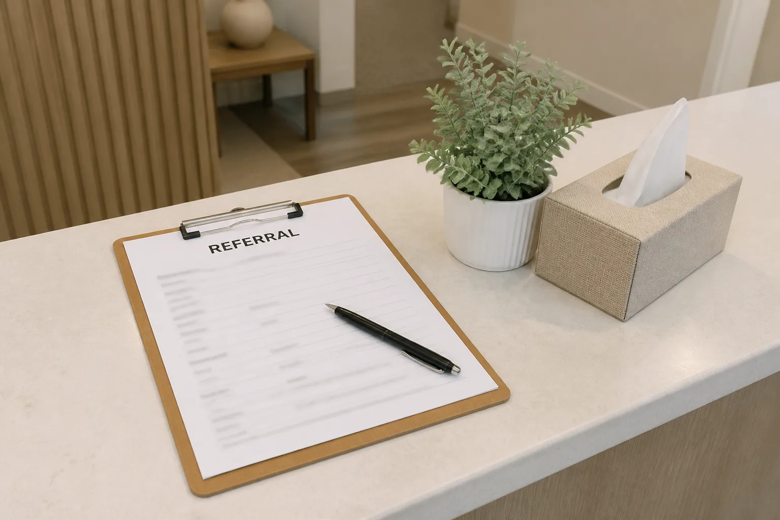 Clipboard with a paper referral form on a cream reception counter