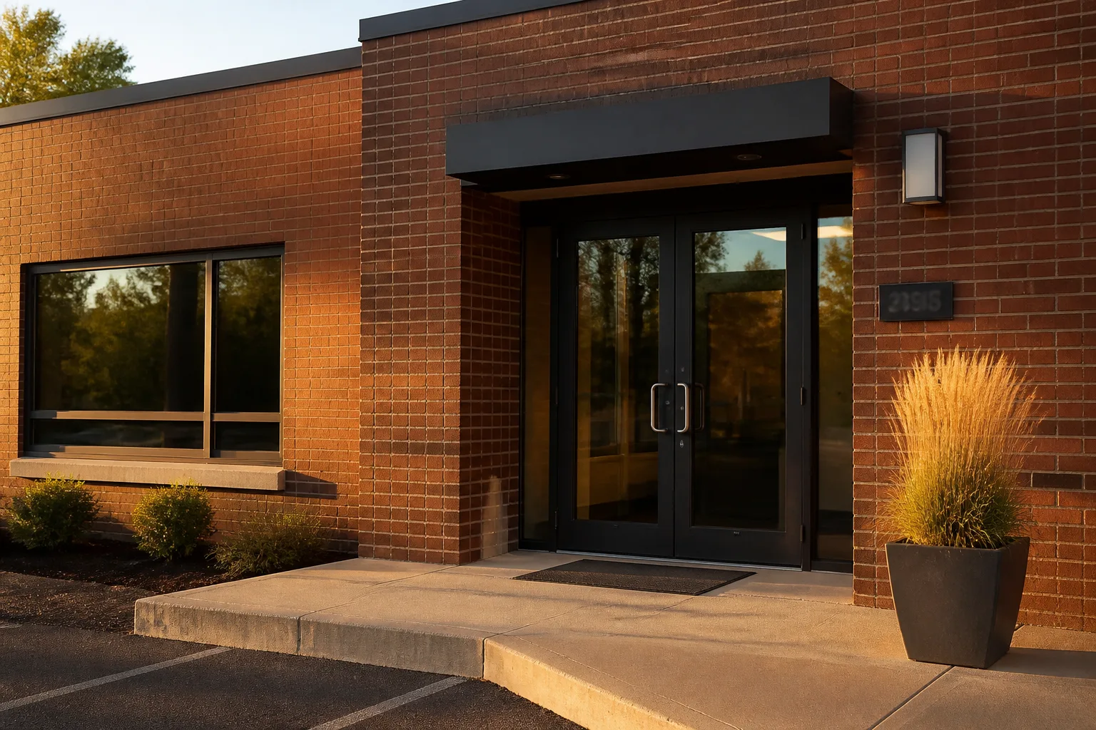Brick clinic entrance with glass doors in late-afternoon light