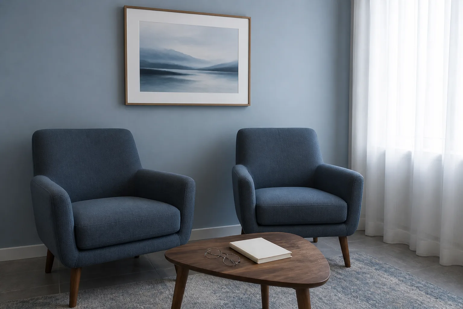 Quiet vision-clinic waiting nook with blue chairs and reading glasses