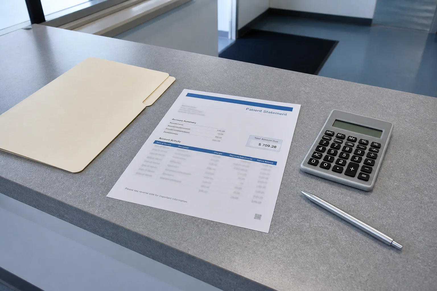 Hospital billing counter with a printed statement and a calculator