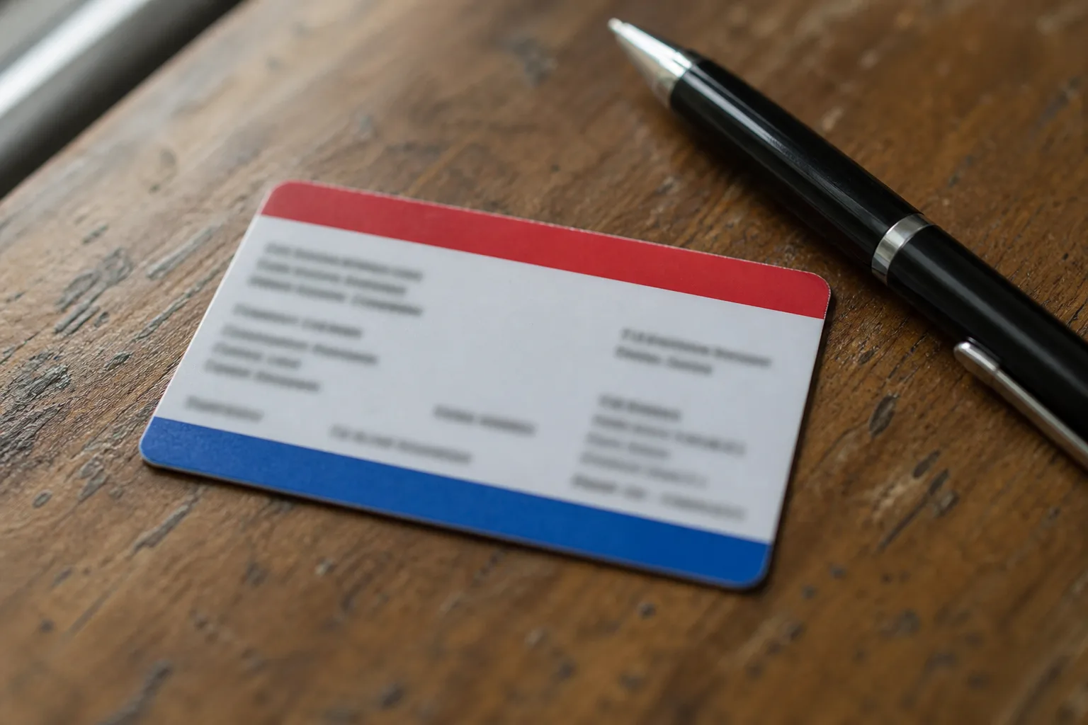 Generic health insurance card on a wood desk next to a pen