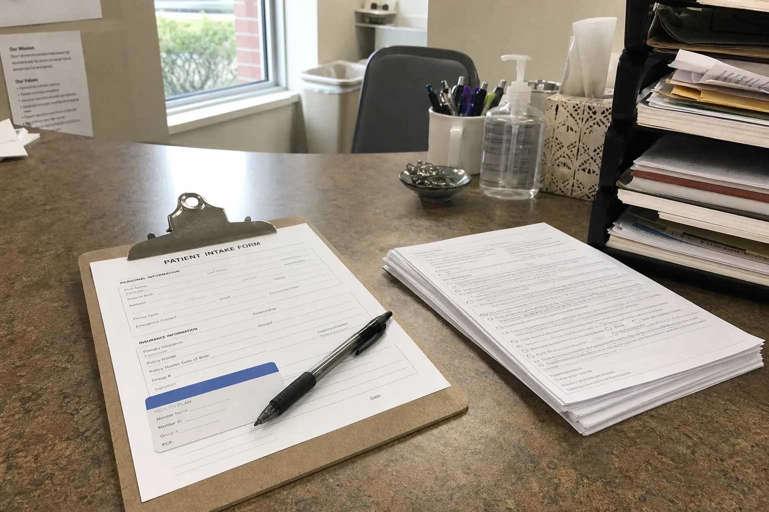Clinic desk with a paper clipboard, pen, and a generic insurance card