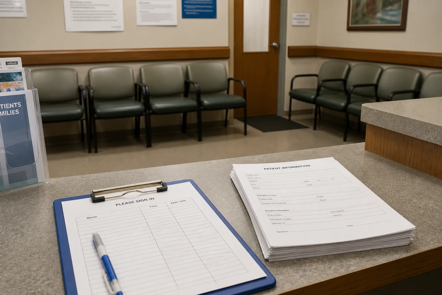 Waiting-room check-in counter with a paper sign-in clipboard