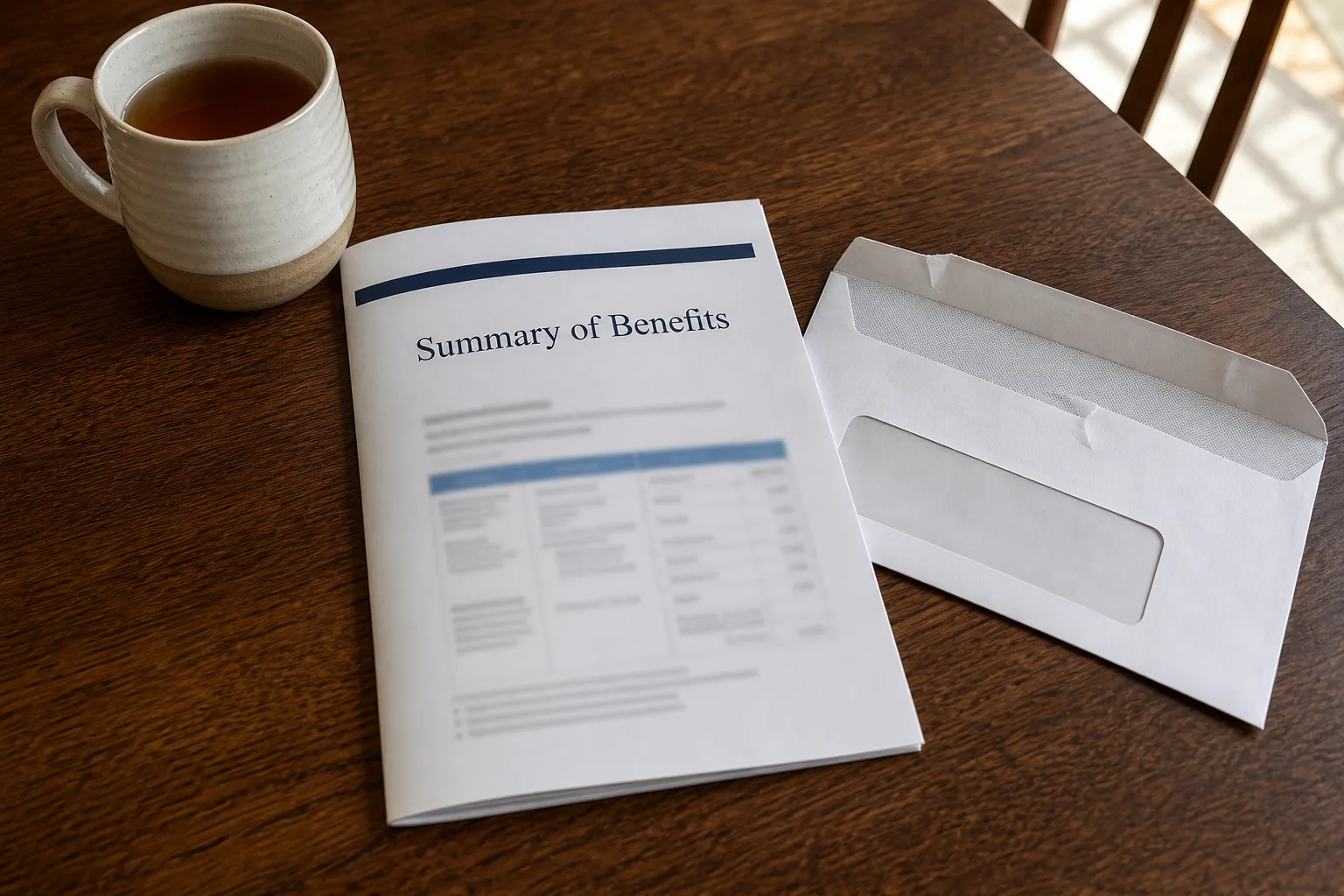 Printed benefits booklet and an opened envelope on a walnut table