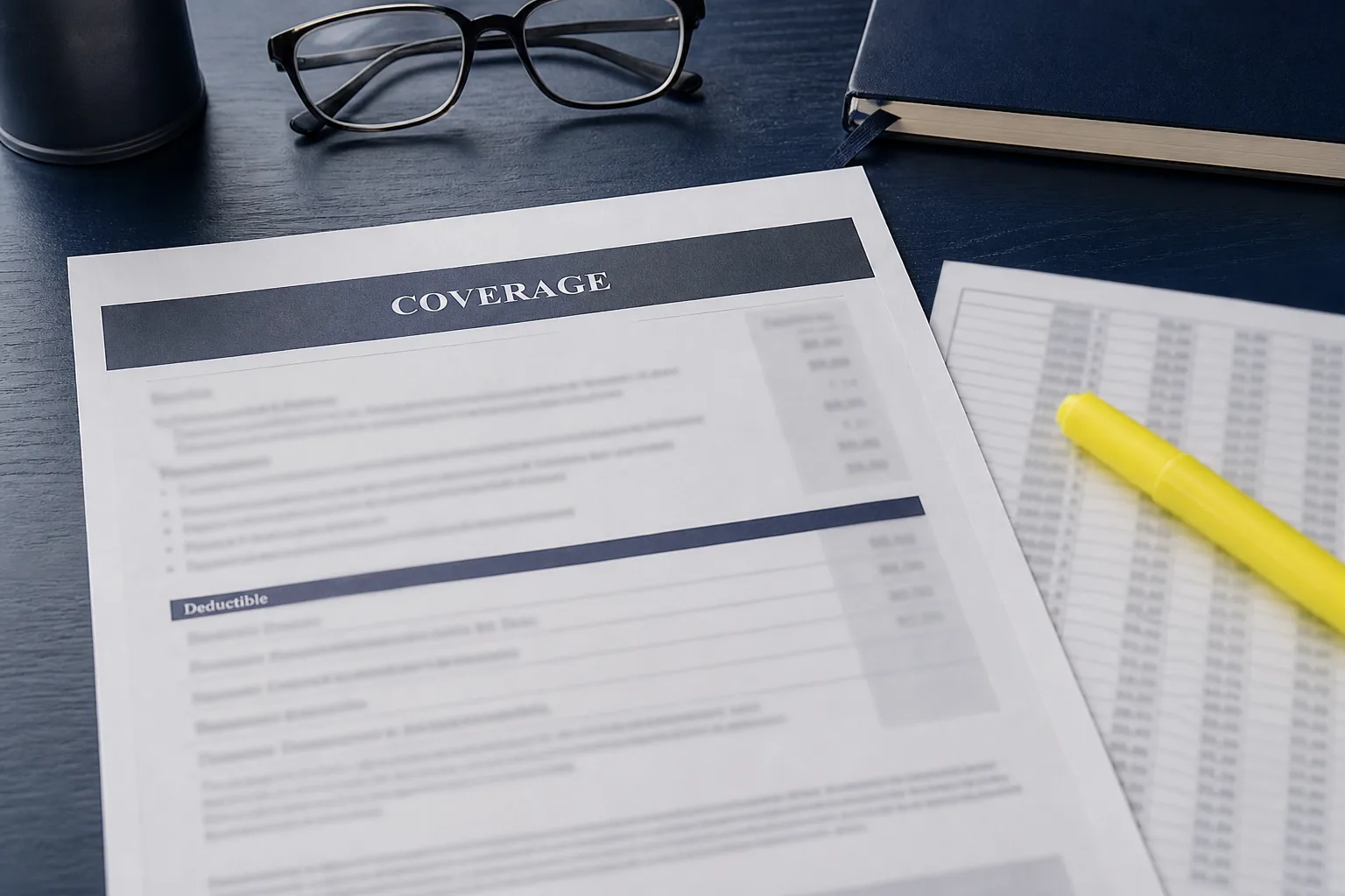 Printed coverage page with a highlighter on a navy desk