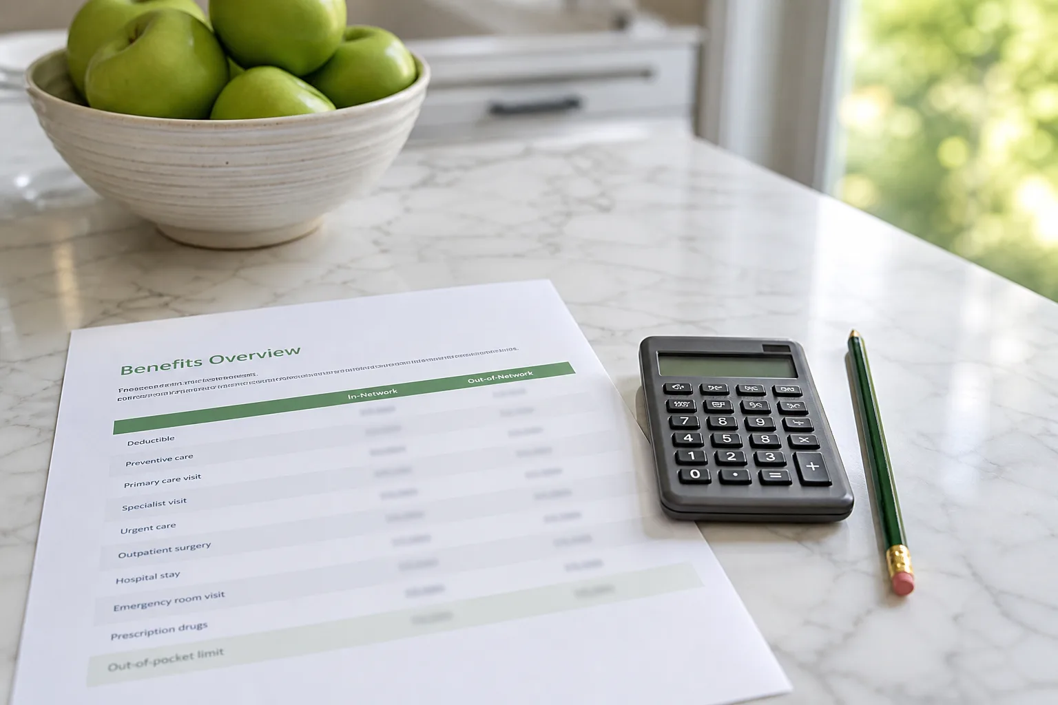 Benefits page and a calculator on a white kitchen counter