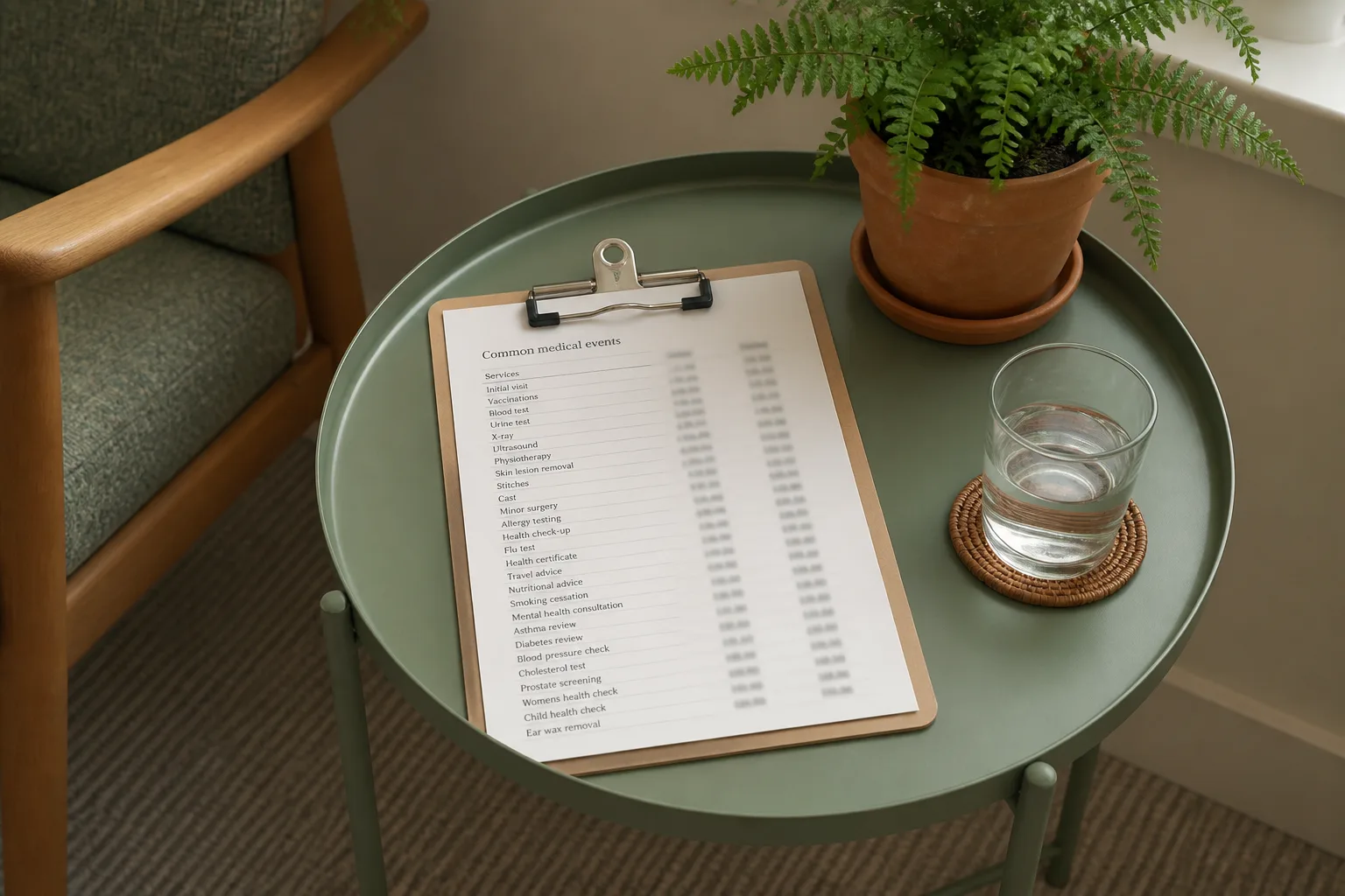 Clipboard with a printed services grid on a sage clinic table
