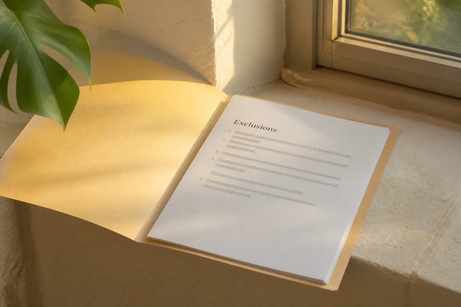 Open manila folder with an exclusions page on a windowsill