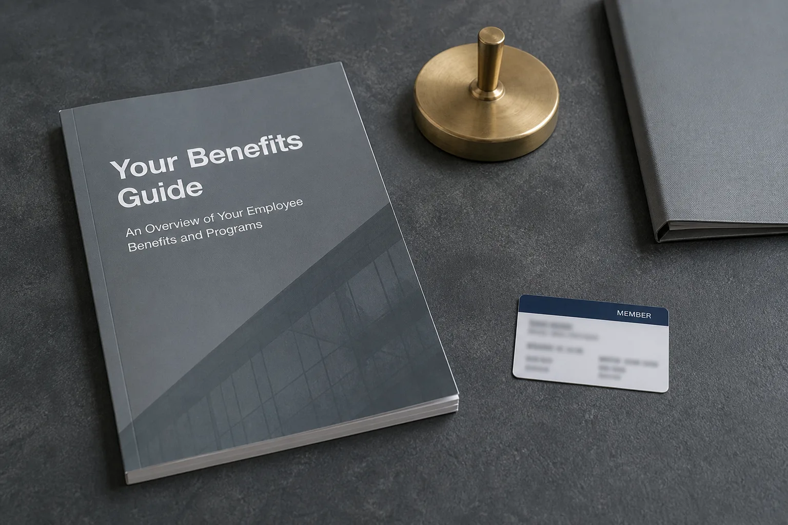 Benefits booklet set apart from a generic insurance card on a slate desk